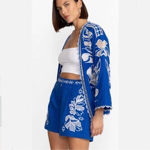 Johnny Was Jenah Embroidered Linen-Cotton Shorts Blue Size Medium NWT